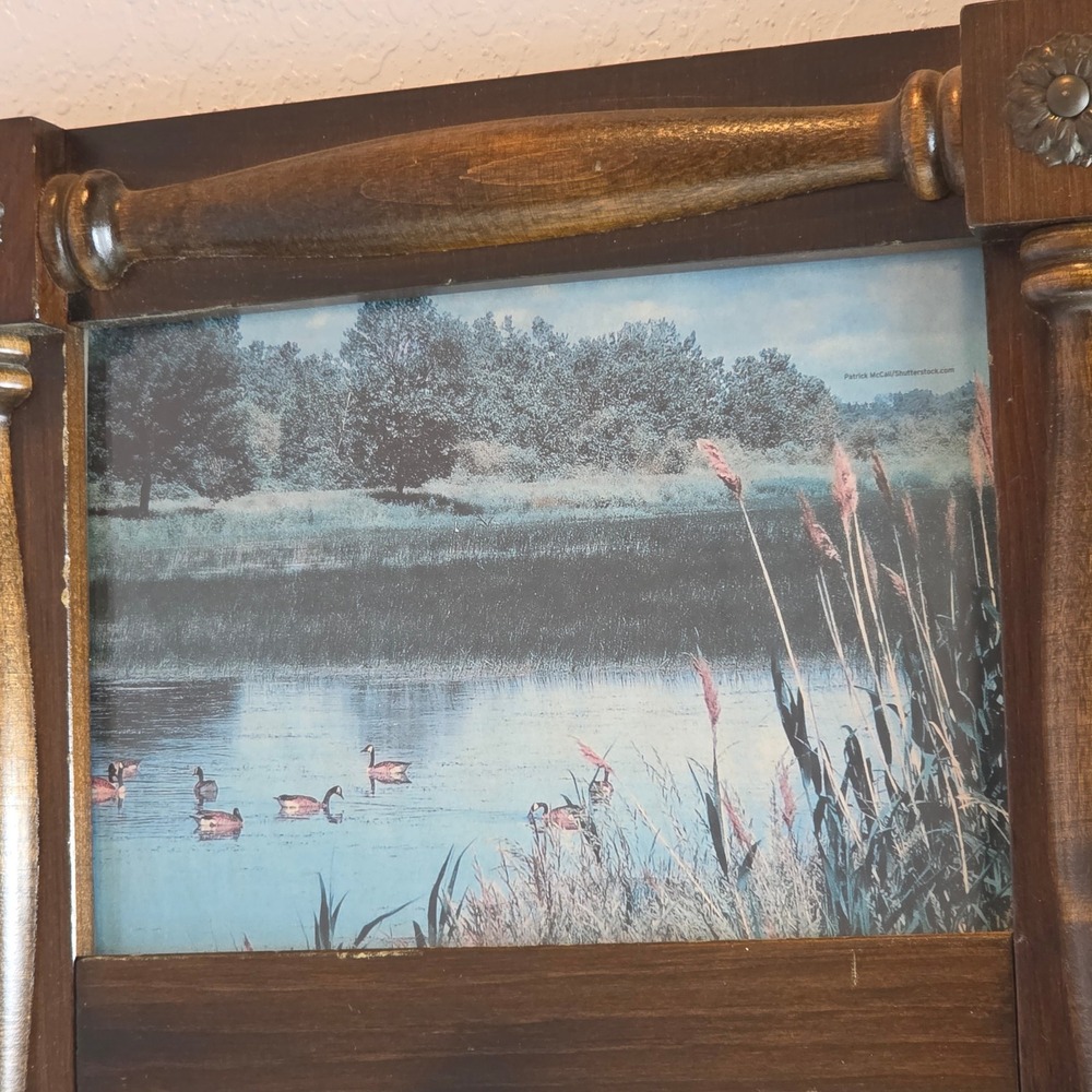 Vintage Rustic Wood Wall Mirror Scenic Duck Nature Print Spindle Frame Rosettes - Picture 11 of 16